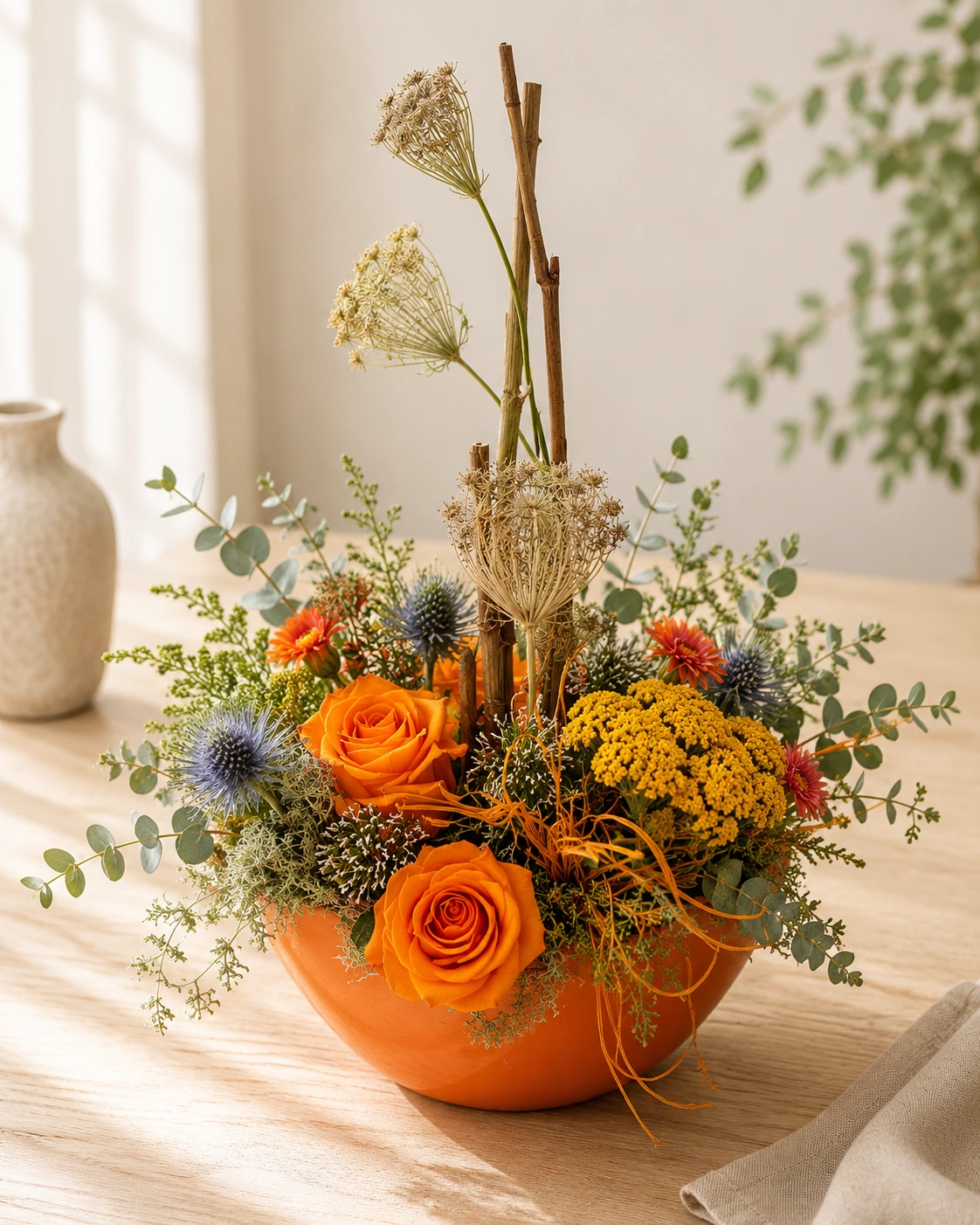 Hochzeitstafel mit Eukalyptus-Läufer und weißen Blumen. Pusteblume Halle