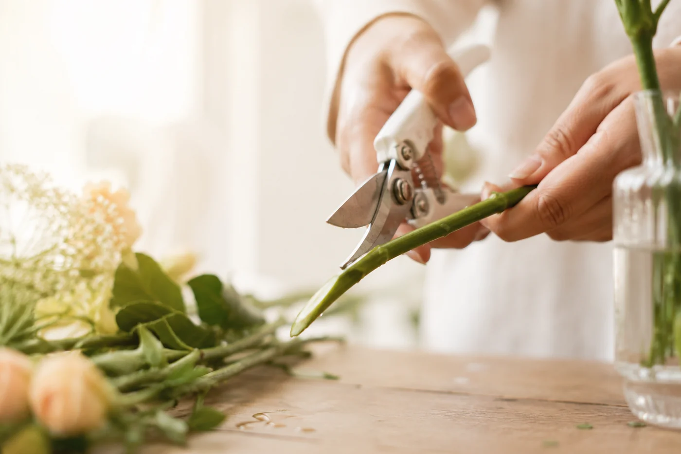 Florist schneidet einen Stiel schräg an